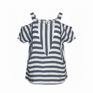 Insight Cold Shoulder Striped Linen Blend Top XL Navy White Short Sleeve Pockets